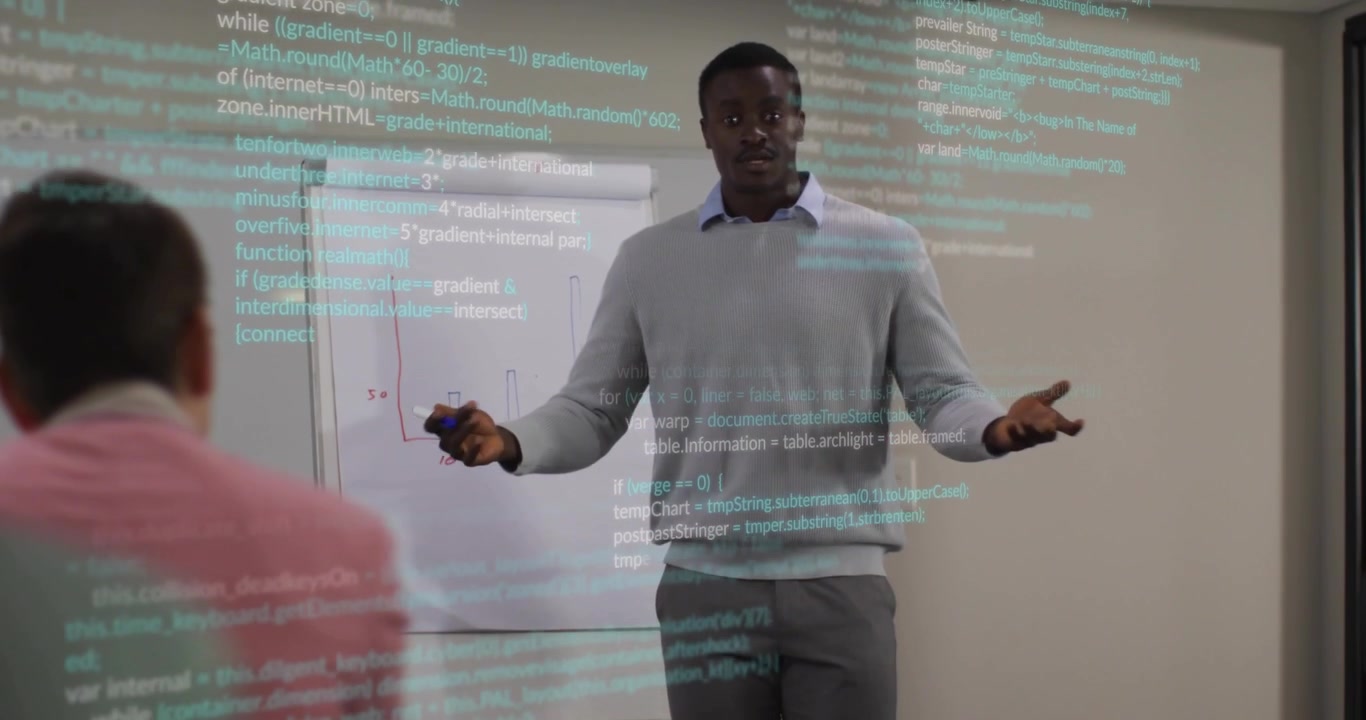 Male presenter initiating business insight gesturing at chart marking bars with code-text overlay