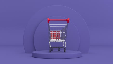 video de resolución 4k: carrito de compras girando sobre productos de cilindros muy peri violeta pedestal de escenario en un bucle de fondo muy peri violeta