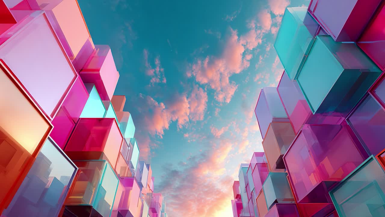 A Stunning Visual of Colorful Cubes Under a Beautiful Sky: Exploring the Aesthetic Appeal and Artistic Arrangement of Transparent Geometric Forms Against a Dramatic, Cloudy Sunset Background