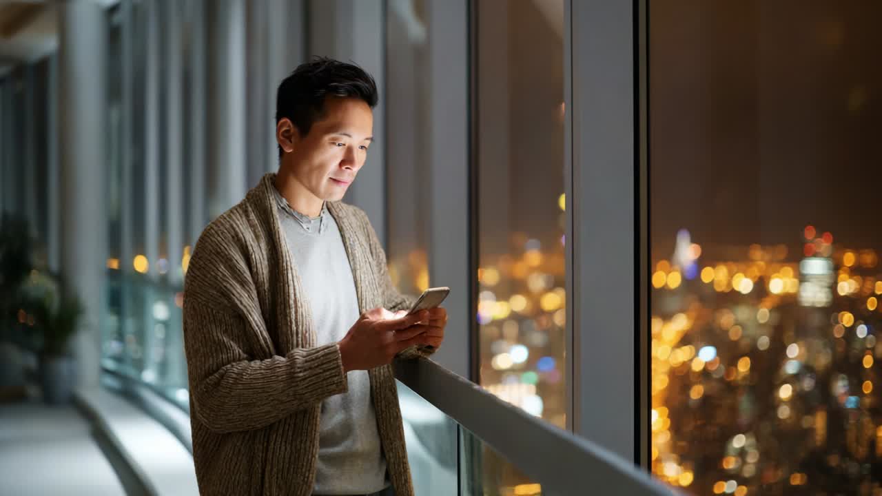 A young man stands by a large window overlooking a vibrant cityscape at night, absorbed in his smartphone, illuminated by the soft glow of the screen while the city lights twinkle in the background
