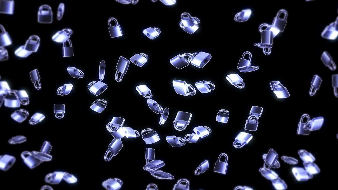 검은색 배경에 많은 은색 패들록을 날리는 보안 또는 비밀 보호 개념, 회전하는 패들록의 3d 애니메이션, 루프 애니메이션.