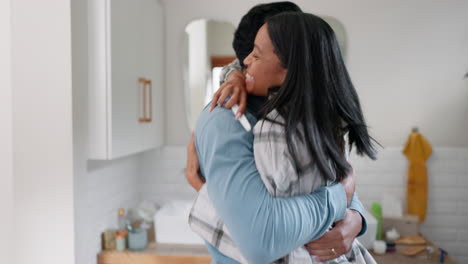 pregnant, home and excited couple with test
