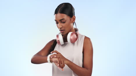 fitness, face and woman with watch in studio
