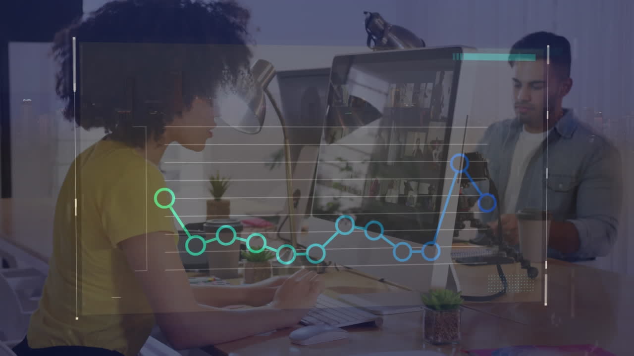 Animation of statistical data processing against african american woman using computer at office