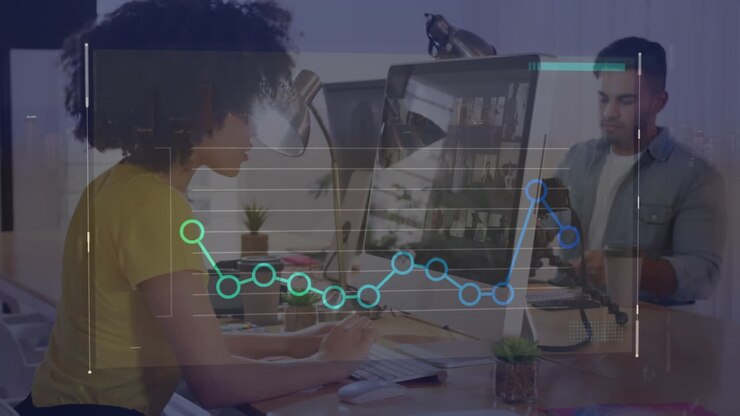 Animation of statistical data processing against african american woman using computer at office