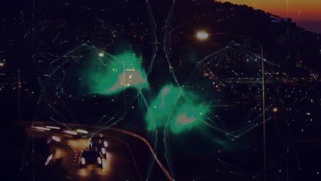 animación del globo de la red de conexiones sobre onda digital verde contra el tráfico nocturno de la ciudad