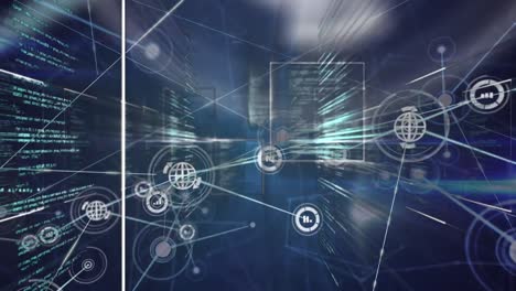 Animation of network of connections with icons over data processing