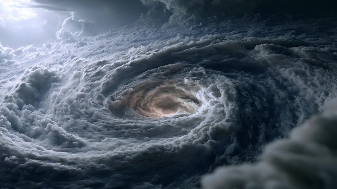 En hypnotiserende hvirvel af skyer fanget i en dramatisk atmosfærisk scene, der viser en dynamisk fremvisning af naturens kraft og skønhed.