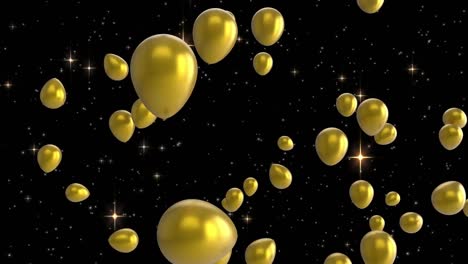 Animation-Von-Goldenen-Luftballons,-Die-über-Sternen-Auf-Schwarzem-Hintergrund-Fliegen