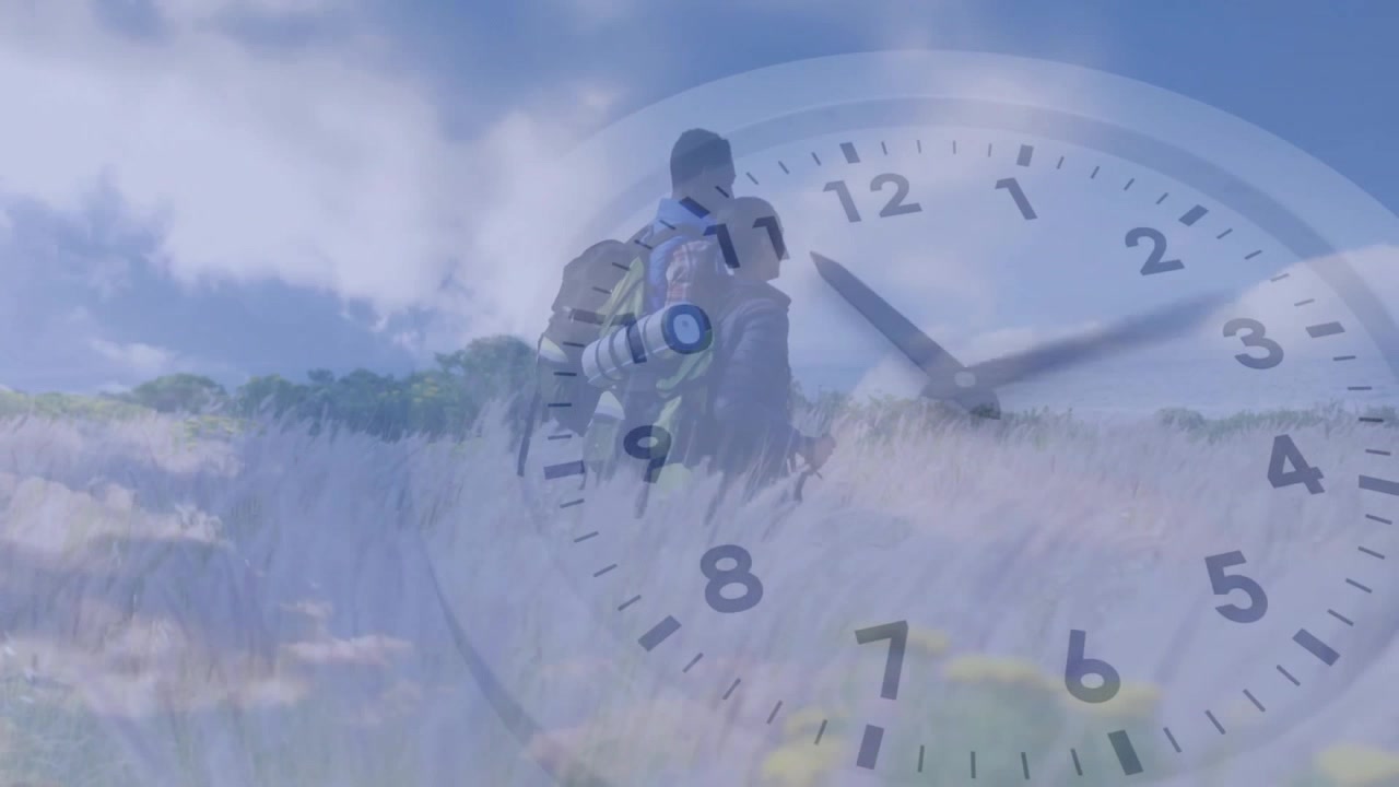 Analog clock overlay advancing past 10:00 guiding male hiker pack or pole trekking grass for health