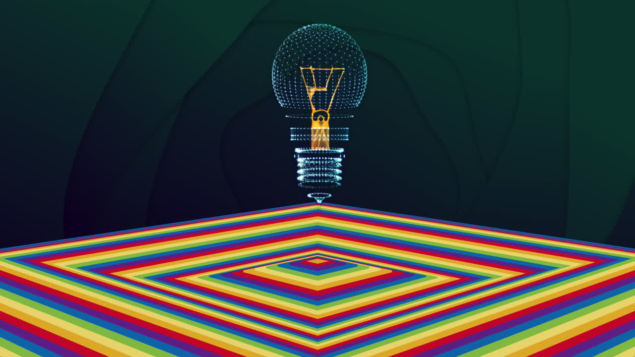 어두운 배경으로 움직이는 색의 사각형 표면 위에 전구의 애니메이션