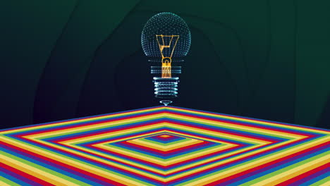 animación de la bombilla sobre una superficie cuadrada de color en movimiento con fondo oscuro