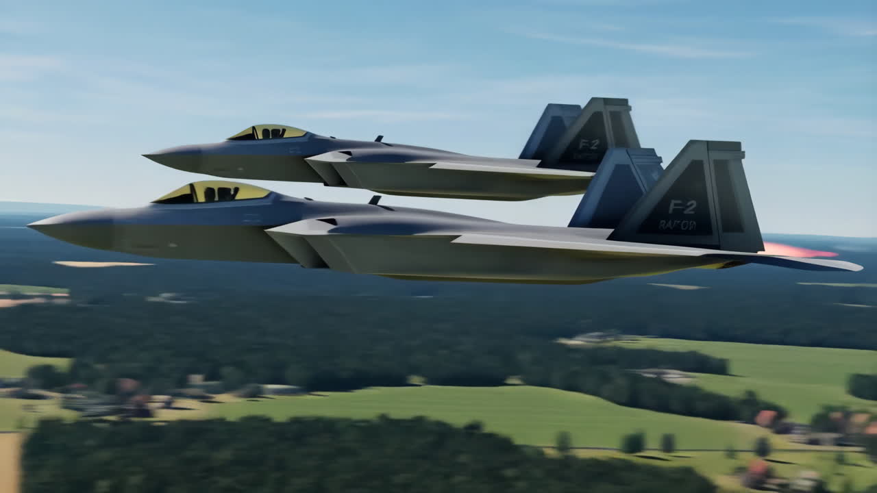 Two F-22 Raptor Fighter Jets Flying in Formation Over a Landscape
