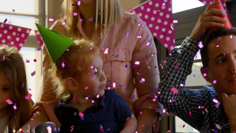 celebrating birthday party, children with confetti falling animation around them