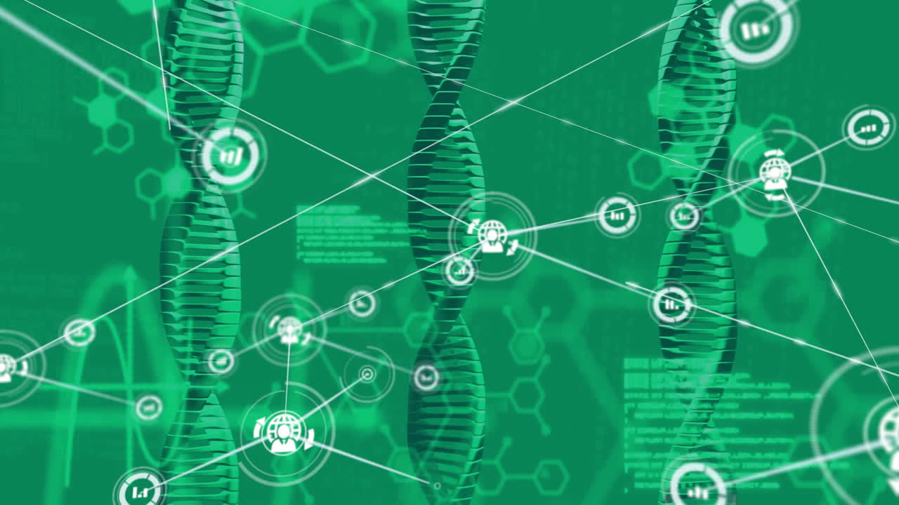 animación de la red de conexiones con iconos sobre procesamiento de datos y cadena de adn