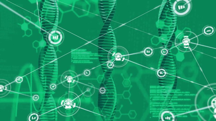 Animation of network of connections with icons over data processing and dna strand