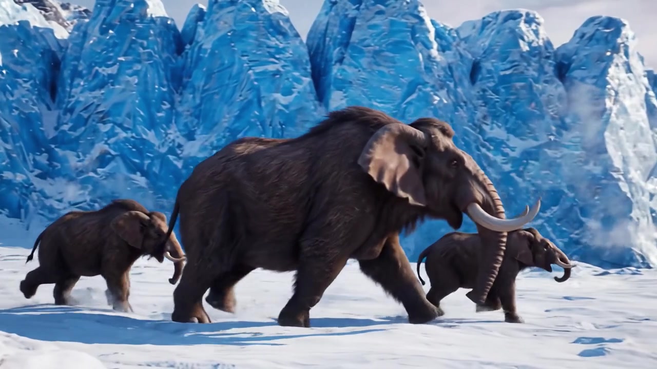 Majestic Mammoths Traverse a Frozen Landscape: A Stunning Display of Nature's Ancient Giants Amidst Glacial Peaks and Snowy Terrain Under a Serene Sky
