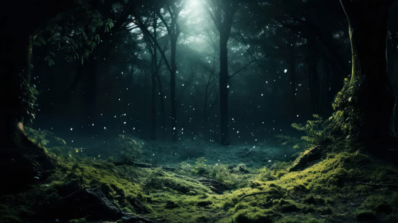 A mystical forest scene with a low-angle view, capturing sunlight filtering through trees