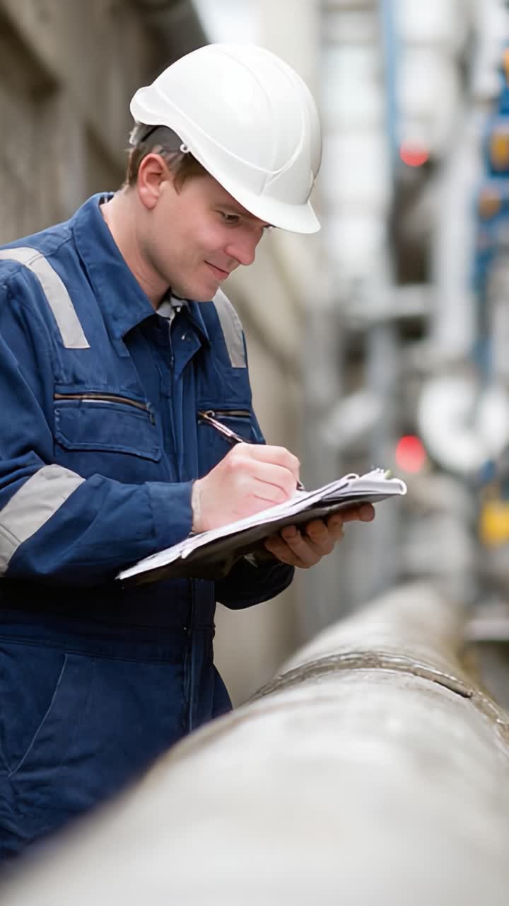 Ein engagierter Arbeiter in Schutzkleidung inspiziert und notiert sorgfältig Messwerte auf einer Baustelle, um die Einhaltung von Industriestandards und Protokollen sicherzustellen.