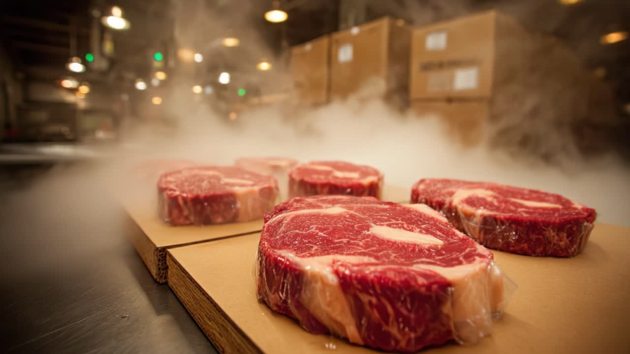 A Visual Showcase of Premium Meat Cuts, Featuring Beautifully Marbled Ribeye Steaks Wrapped in Packaging, Surrounded by a Misty Atmosphere in a Food Production Facility