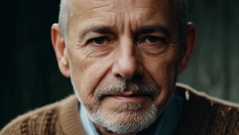 close-up portrait of a serious-looking man with gray hair and a beard