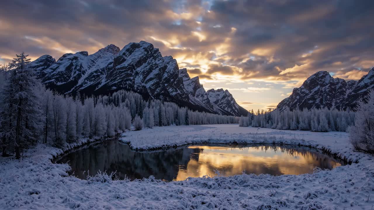 A breathtaking winter landscape video captures a serene, snow-covered lake reflecting mountains