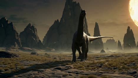 A cinematic video scene of a dinosaur walking in a rocky landscape under a massive moon
