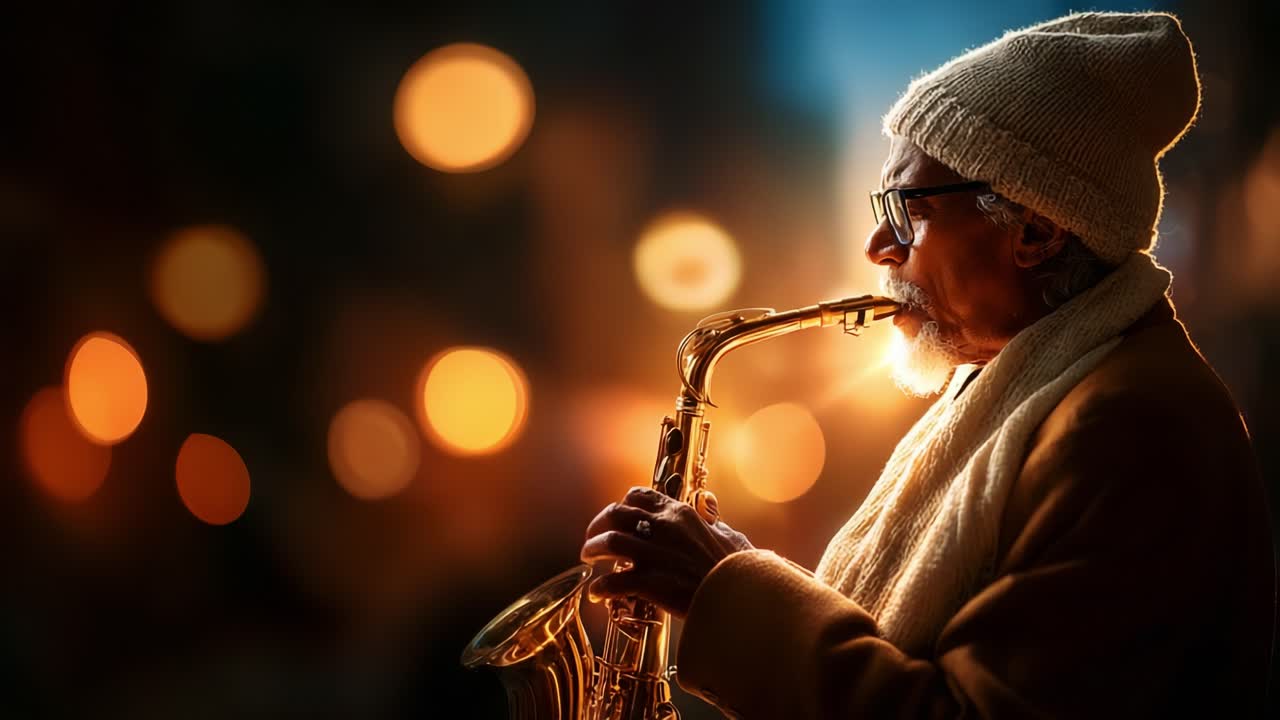 Un sassofonista soul suona incantevoli melodie jazz mentre luci bokeh calde e dorate creano una magica atmosfera serale, mettendo in risalto la passione e l'abilità artistica di un'esibizione di musica dal vivo.