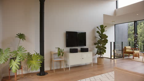 modern living room with large tv, indoor plants, and minimalist decor, copy space