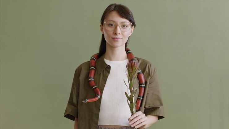 Portrait Of A Young Woman With A Pet Snake Around Her Neck Holding A Twig And Looking At The Camera On A Green Background