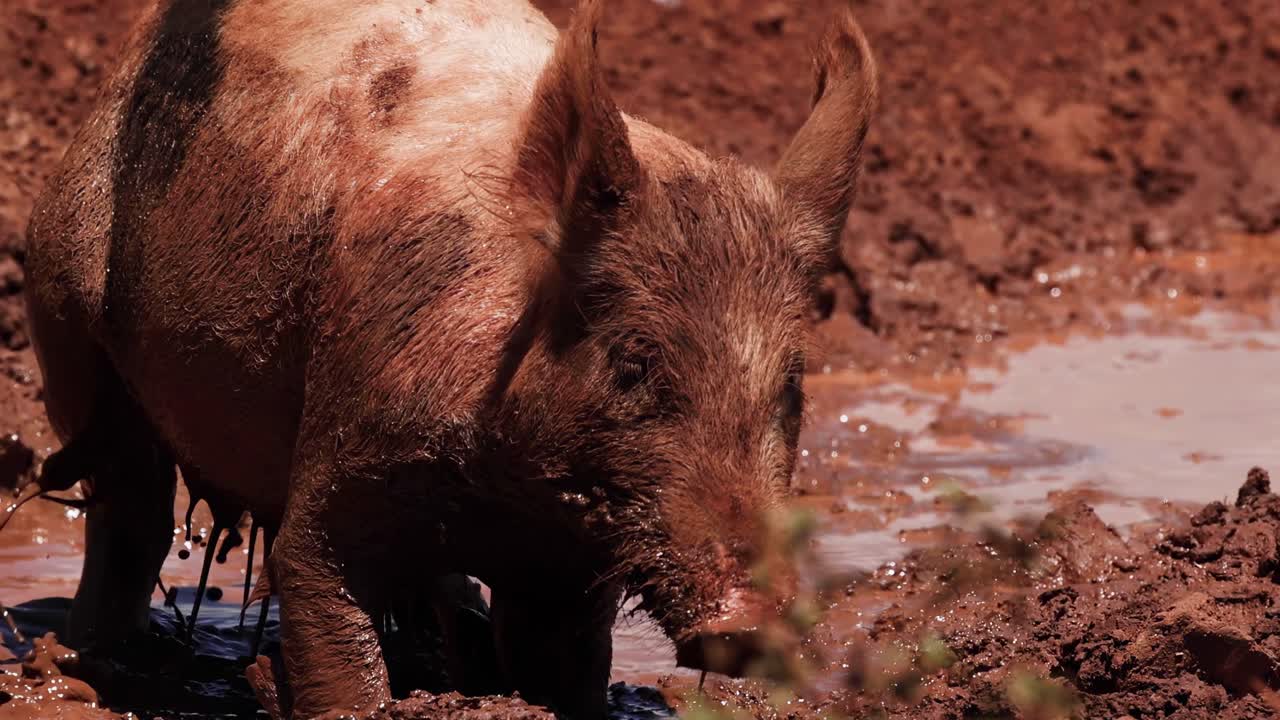 A piglet navigates a muddy area, enjoying the warm sunlight and natural surroundings.