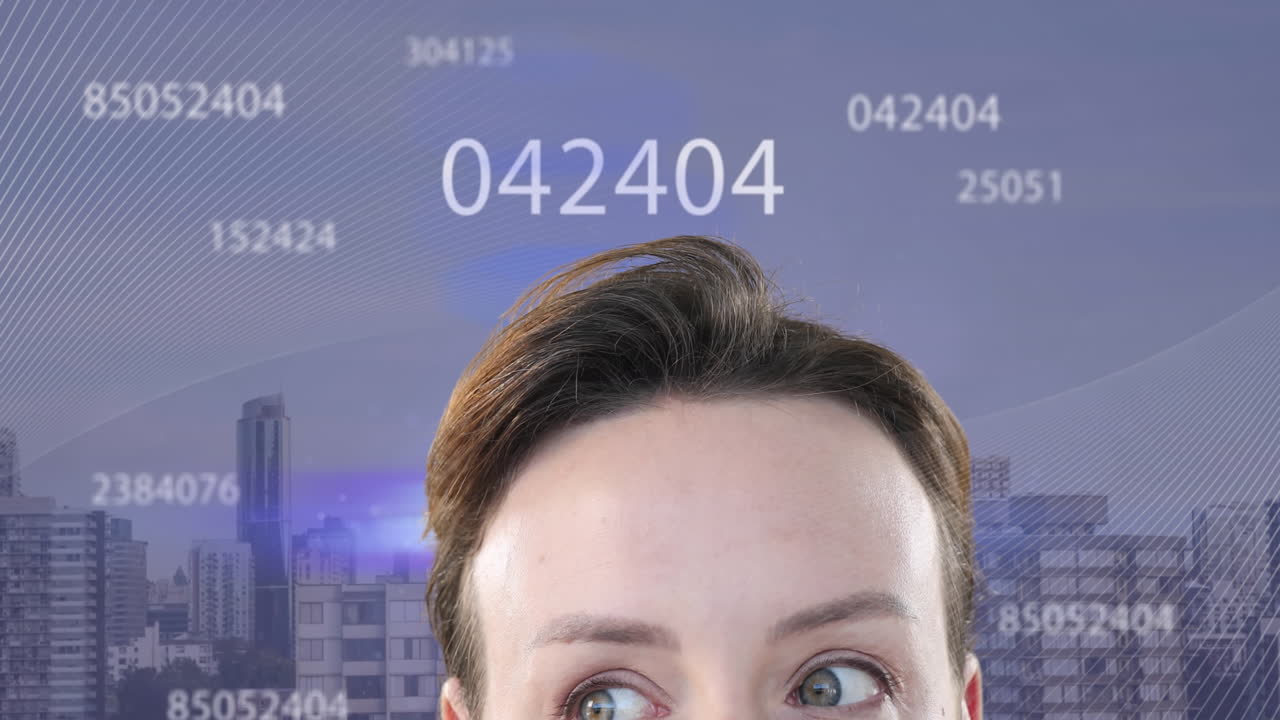 animación de mujer caucásica levantando cejas, cambiando números y ciudad moderna contra el cielo