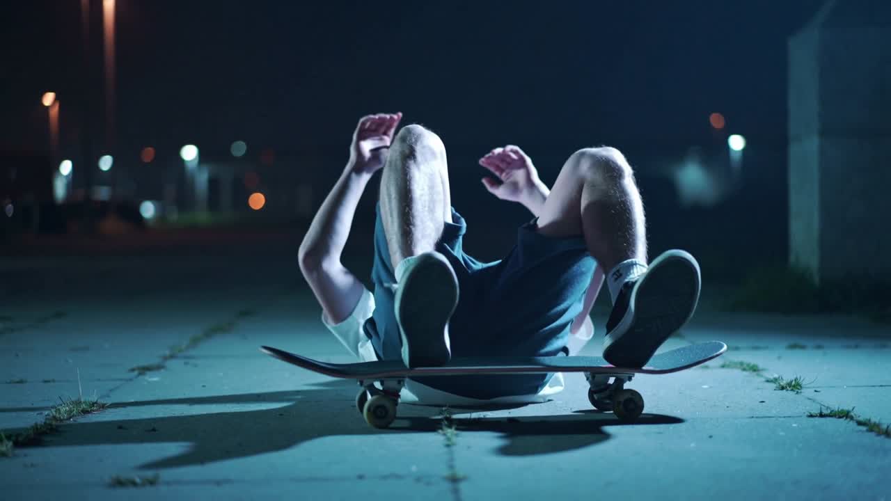 Skateboarder mister balancen under kørsel, falder baglæns ned på fortovet på sit skateboard, iført T-shirt.