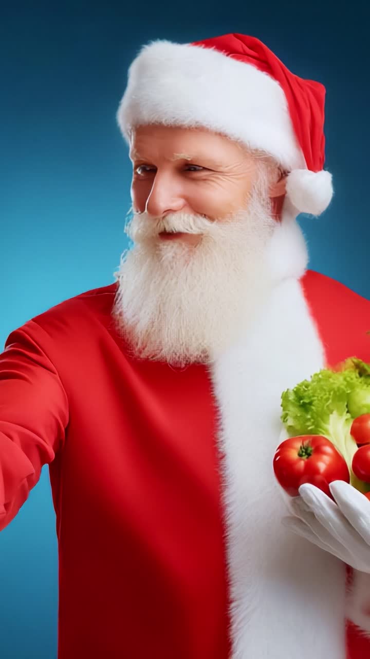 In a festive twist, a cheerful Santa Claus holds a vibrant assortment of fresh vegetables, including tomatoes and lettuce, showcasing a joyful blend of holiday spirit and healthy eating choices