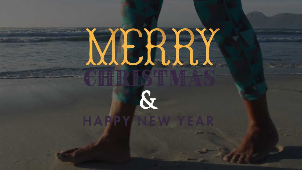 animación de felicitaciones de navidad texto sobre mujer biracial en la playa