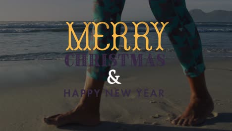 Animation-of-christmas-greetings-text-over-biracial-woman-on-beach