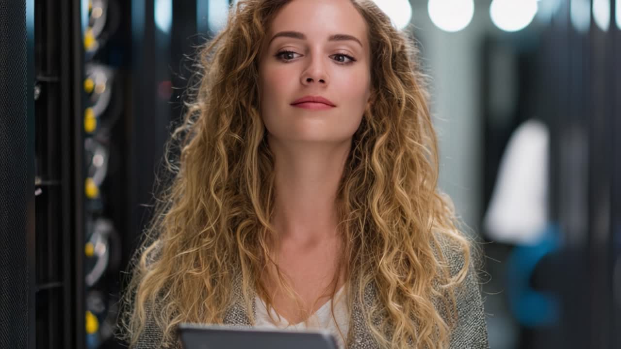 Una Donna Competente in Una Moderna Sala Server, Con un Tablet in Mano, Mostra un'Espressione Concentrata e Pensierosa, Incarnando l'Essenza della Tecnologia e dell'Innovazione nell'Era Digitale