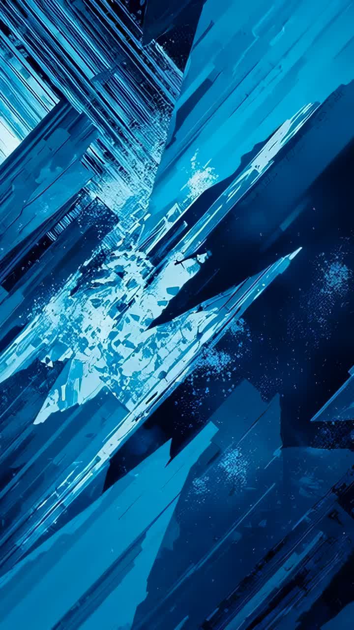 Vertical video: Cracking blue shards shifting in portrait frames, showing bright center and specks