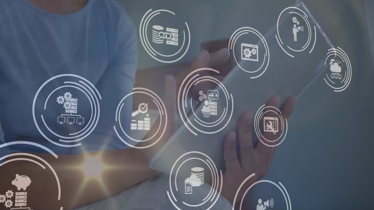 animación de iconos en círculos sobre la sección media de una mujer caucásica usando una tableta digital en casa