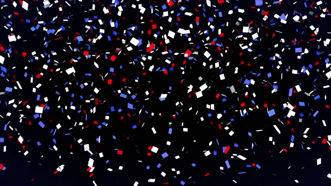 파란색, 빨간색,  ⁇ 색의 콘페티가 검은색 배경 위에 움직이는 애니메이션