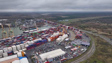 a large port area, a terminal where cargo and sea containers are stored