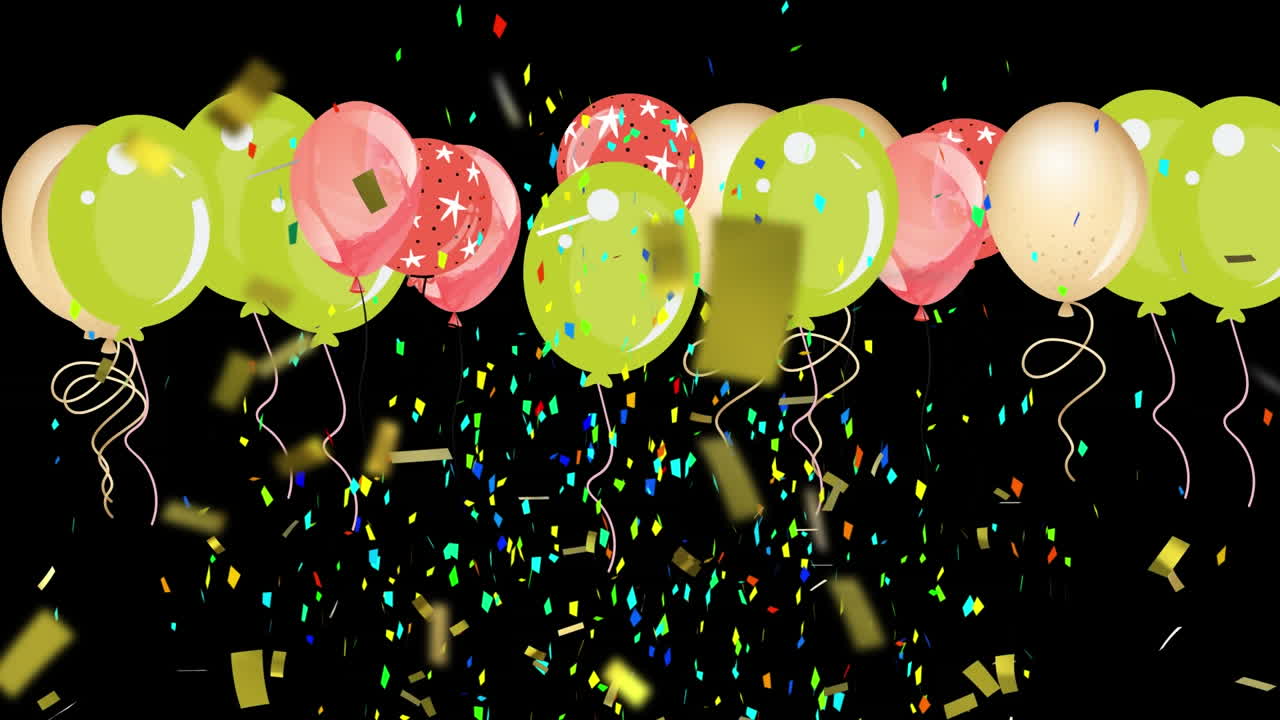 검은색 배경 위에 날아다니는 다채로운 풍선과 떨어지는 콘페티의 애니메이션