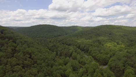 slow rotating drone shot of lyman run state park in pennsylvania