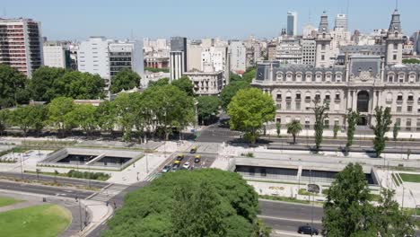 aerial shot descending over the streets in downtown buenos aires at daytime