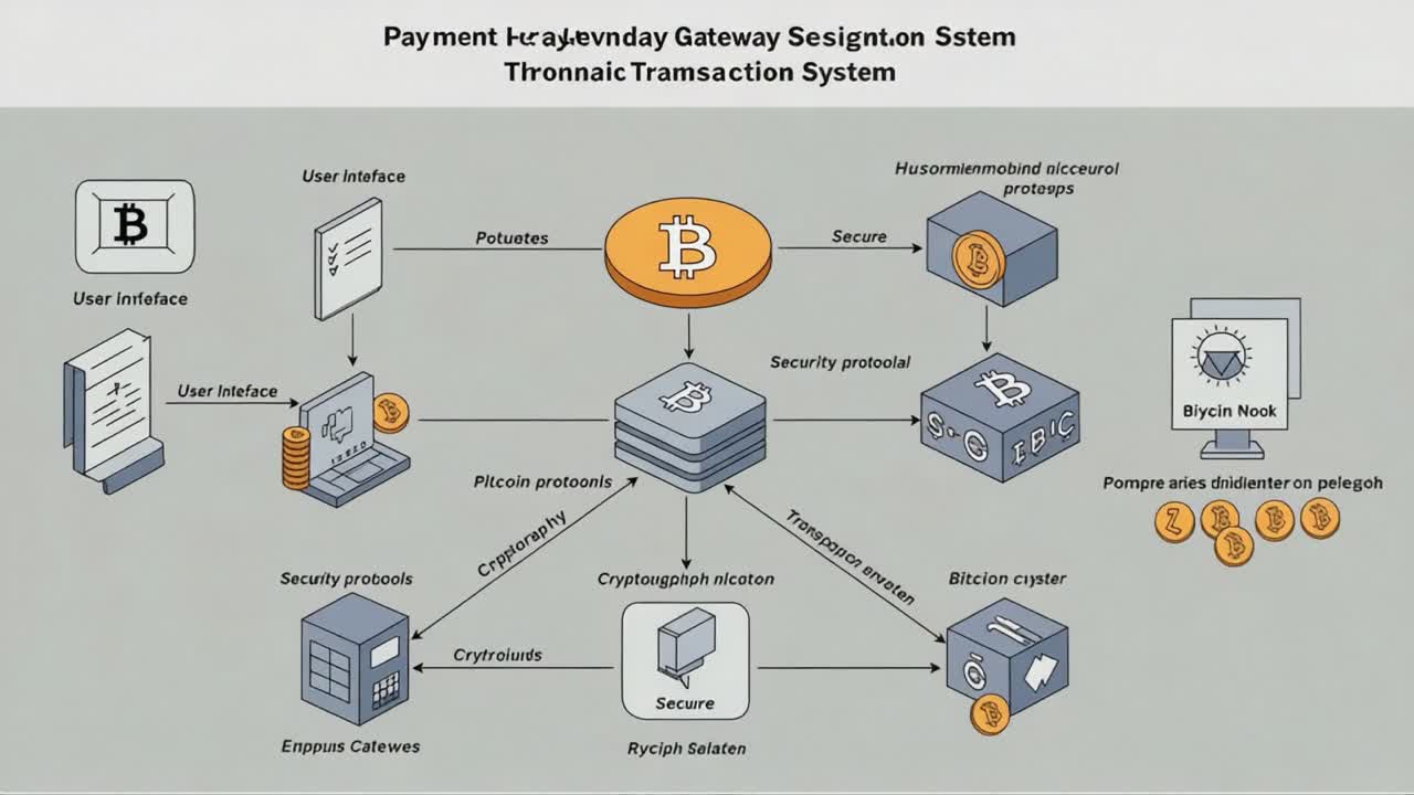 Overview of a Payment Gateway Ecosystem Featuring Bitcoin Transactions and Security Protocols in a Comprehensive Transaction System Diagram