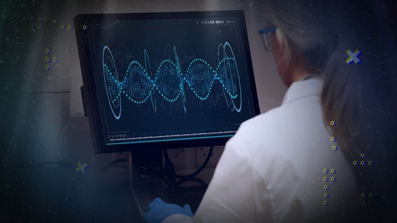 animación de formas abstractas en vista trasera de una científica caucásica usando una computadora en el laboratorio.
