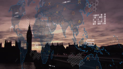 animation of world map and data processing over london cityscape