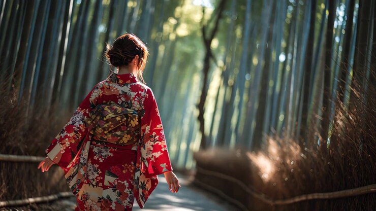 Riprese cinematografiche di una donna che indossa un kimono tradizionale rosso e cammina lungo un sentiero in un boschetto di bambù con raggi di sole e bokeh, concetto di cultura e viaggio giapponese.