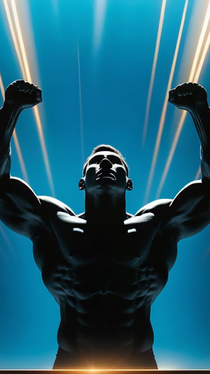 Vertical video: Reacting to golden beams, silhouette flexing arms in studio as beams intensify