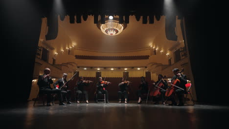 musical band is playing classic music on scene of philharmonic hall string and wind instruments